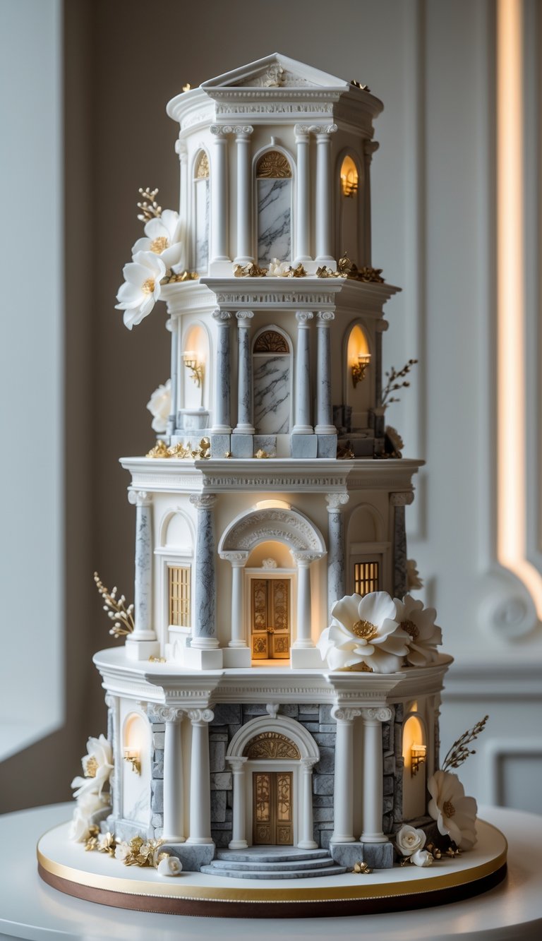 A multi-tiered wedding cake designed to look like an ornate building with columns and arches, decorated with sugar flowers and gold accents.